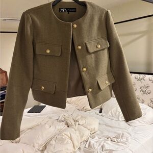 Zara Olive Cropped Classic Buttoned Jacket